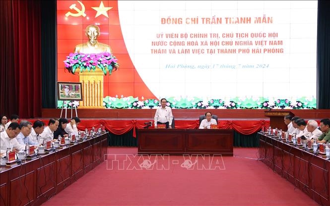 Chủ tịch Quốc hội Trần Thanh Mẫn phát biểu chỉ đạo tại buổi làm việc với Thành ủy Hải Phòng. Ảnh: Văn Điệp/TTXVN