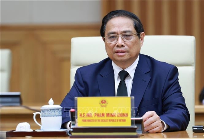 Thủ tướng Phạm Minh Chính phát biểu tại cuộc gặp Chủ tịch Đảng Nhân dân Campuchia Samdech Hun Sen. (Ảnh: TTXVN)