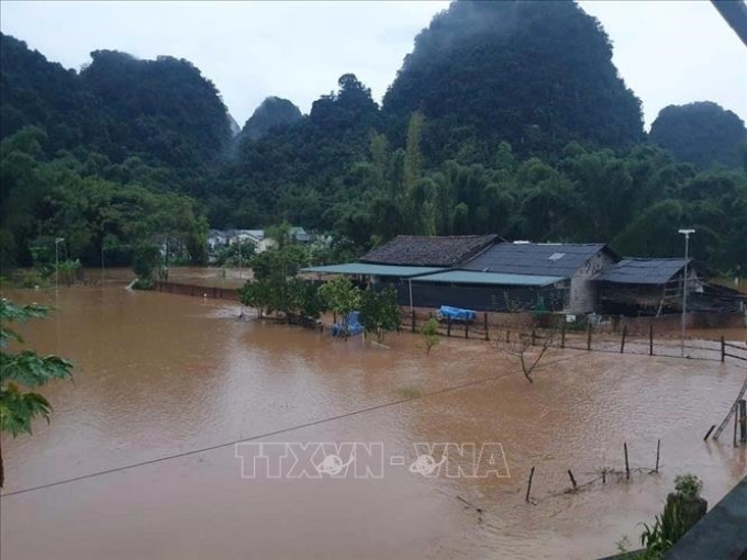 Nhiều nhà dân ở ven suối tại thị trấn Trà Lĩnh, huyện Trùng Khánh, tỉnh Cao Bằng bị ngập lụt, ngày 11/8. (Ảnh: TTXVN)