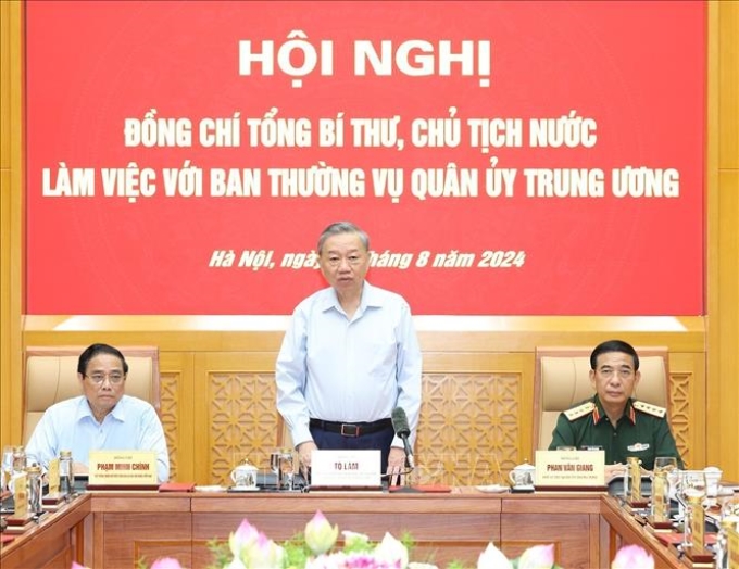 Tổng Bí thư, Chủ tịch nước Tô Lâm, Bí thư Quân ủy Trung ương phát biểu chỉ đạo. (Ảnh: TTXVN)