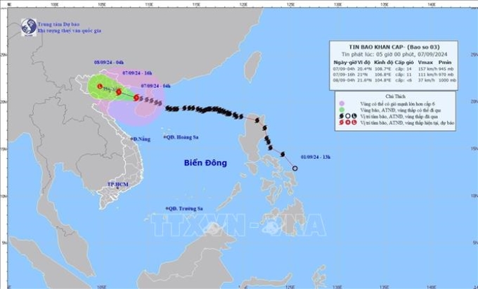 Hướng di chuyển của bão số 3. (Ảnh: TTXVN)