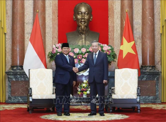 Tổng Bí thư, Chủ tịch nước Tô Lâm tiếp Tổng thống đắc cử Indonesia Prabowo Subianto. (Ảnh: TTXVN)