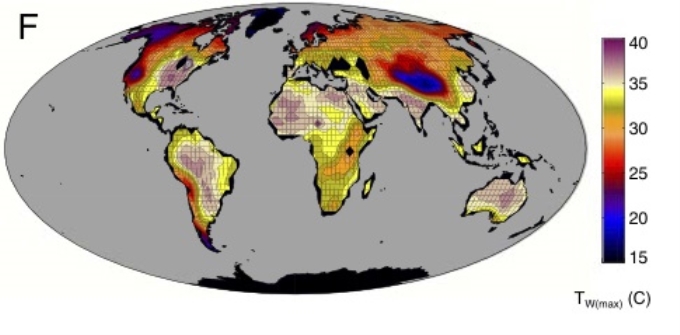 Đây là bản đồ nhiệt độ bầu ướt cao nhất có thể đạt đến khi nhiệt độ khí hậu tăng lên 12 độ C so với năm 2007. Ảnh: Purdue.