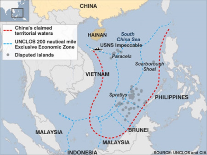 "Đường lưỡi bò" (màu đỏ) chiếm 80% diện tích Biển Đông. Ảnh: UNCLOS và CIA.